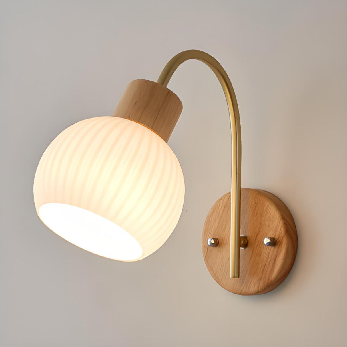 Modern Ribbed Glass Dome Bedside Wood Wall Sconce Image - 7