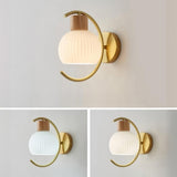 Modern Ribbed Glass Dome Bedside Wood Wall Sconce Image - 9