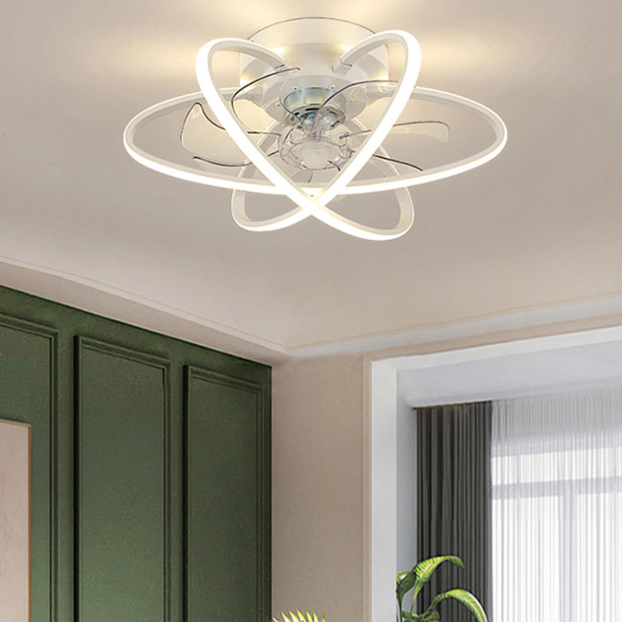 Modern Ring Flower Semi Flush Ceiling Fan with Light Image - 1