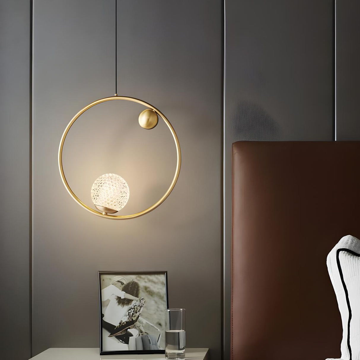 Modern Ring Textured Crystal Globe Bedroom Pendant Light Image - 2