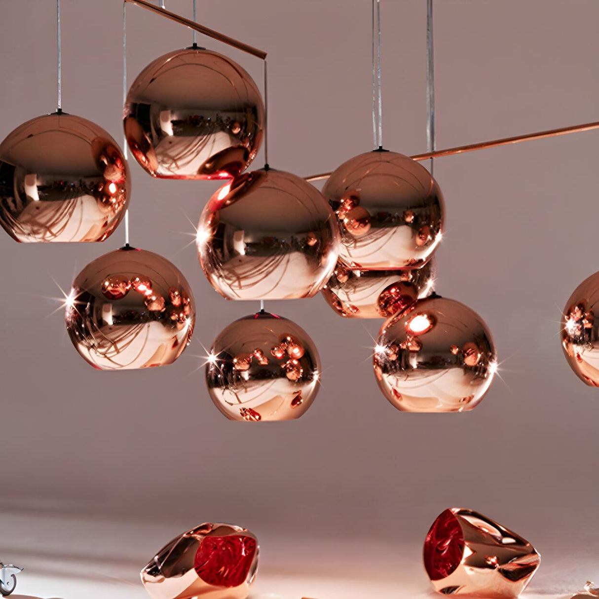 Modern Rose Gold Mirrored Glass Globe Bar Pendant Light Image - 16