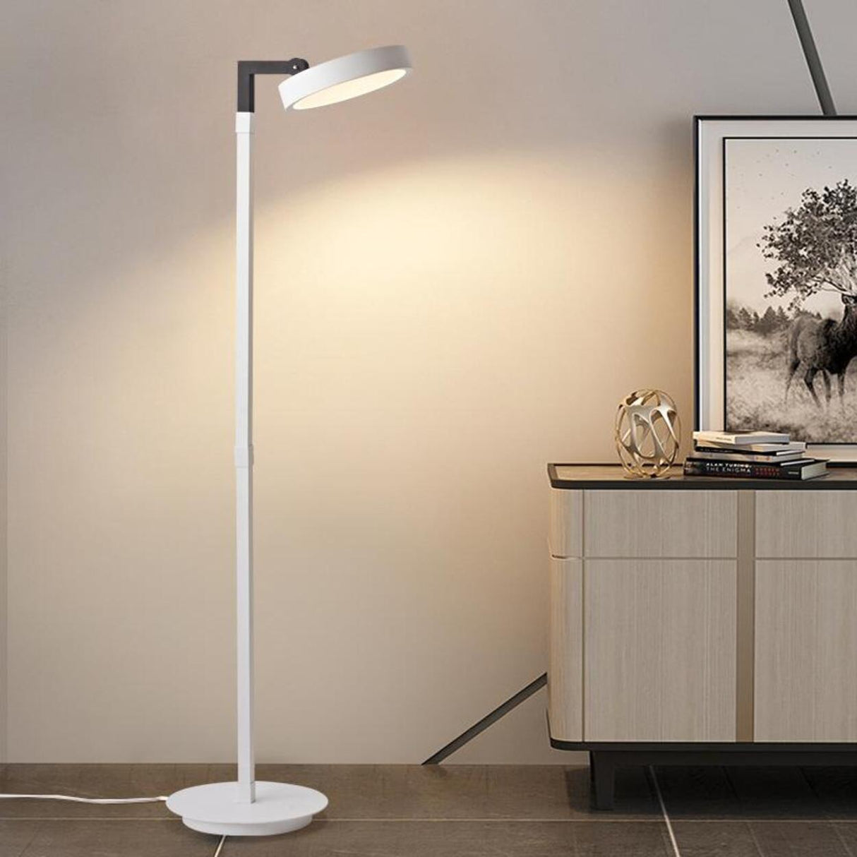 Modern Rotating White Round Metal LED Floor Lamp Image - 1