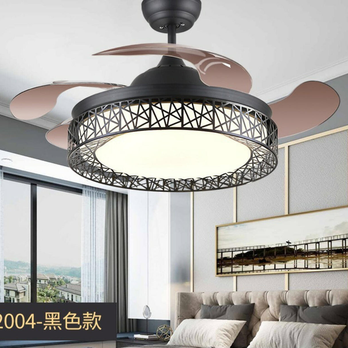 Modern Round 4 Clear Blade Drum Shape Ceiling Fan Light Image - 11