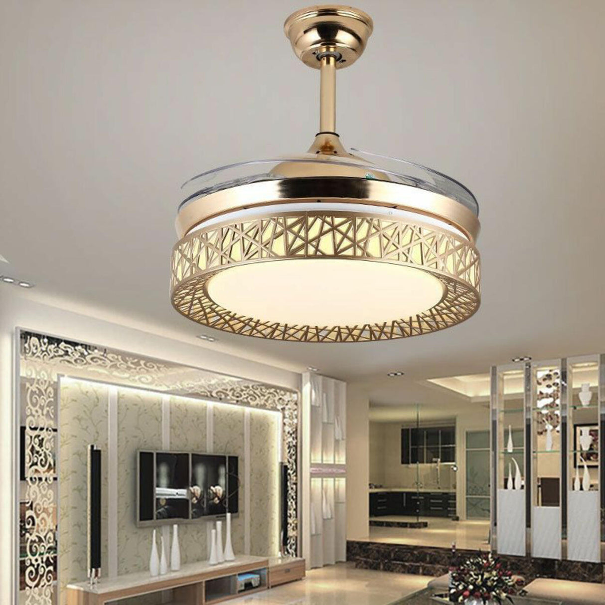 Modern Round 4 Clear Blade Drum Shape Ceiling Fan Light Image - 2