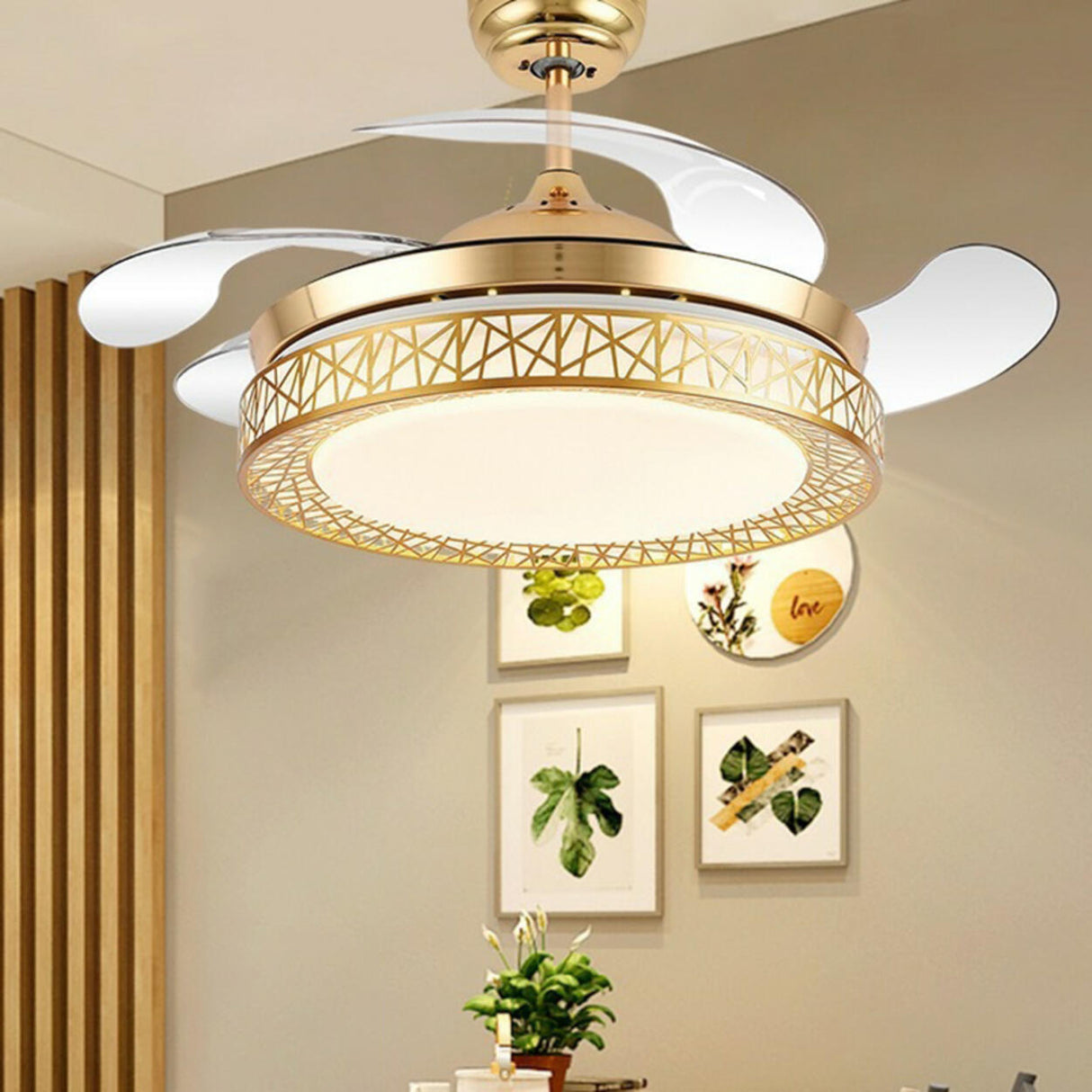 Modern Round 4 Clear Blade Drum Shape Ceiling Fan Light Image - 4