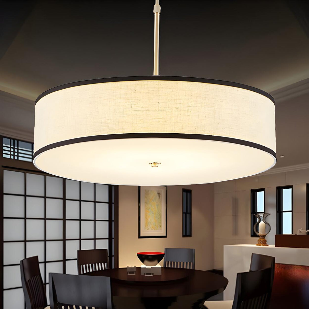 Modern Round Beige Fabric Drum Dining Room Pendant Light Image - 1