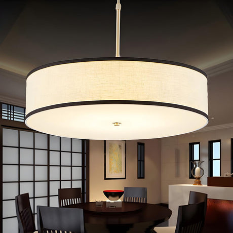 Modern Round Beige Fabric Drum Dining Room Pendant Light Image - 1