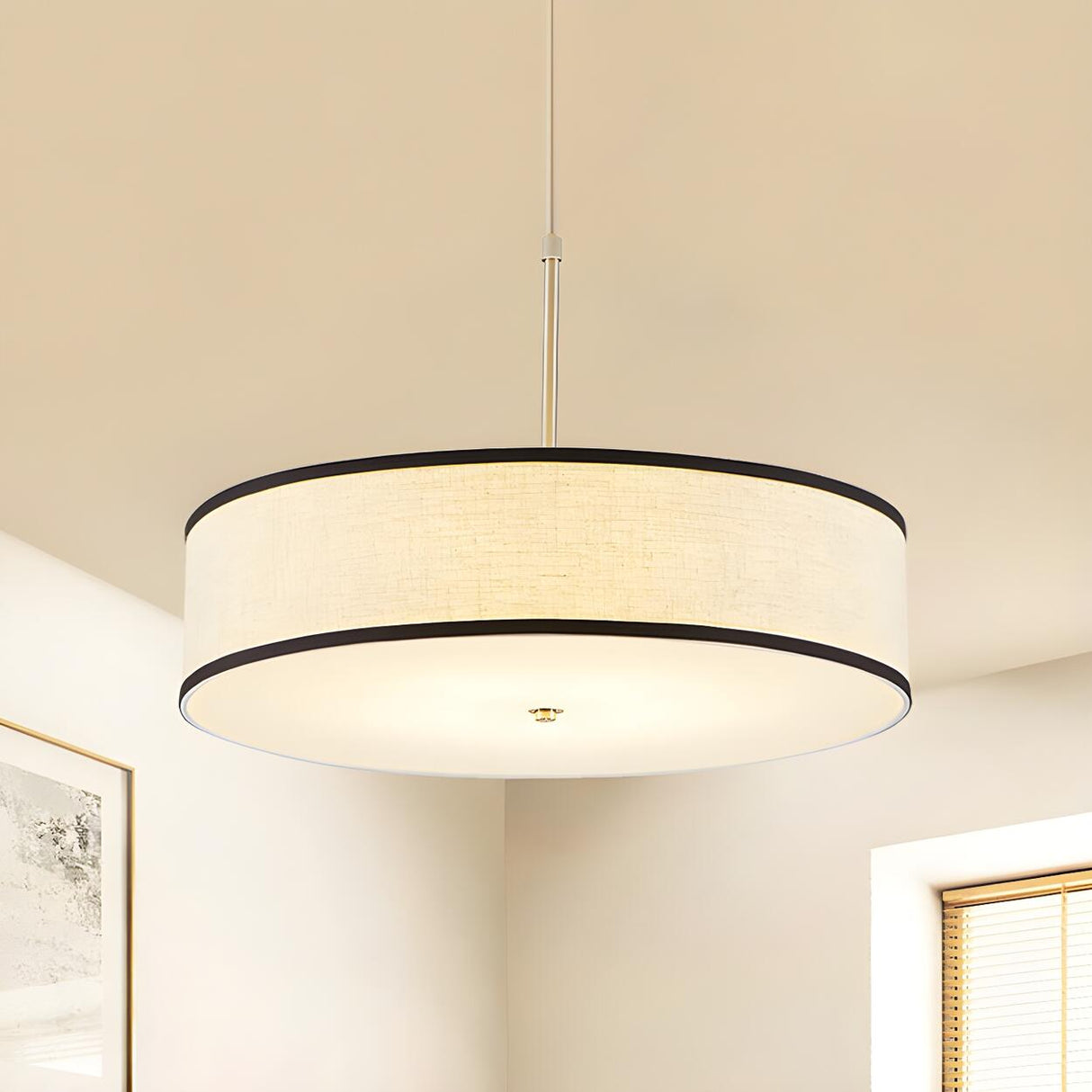 Modern Round Beige Fabric Drum Dining Room Pendant Light Image - 2