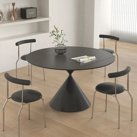 Modern Round Black Extendable Dining Table Self-Storing Leaf Image - 1