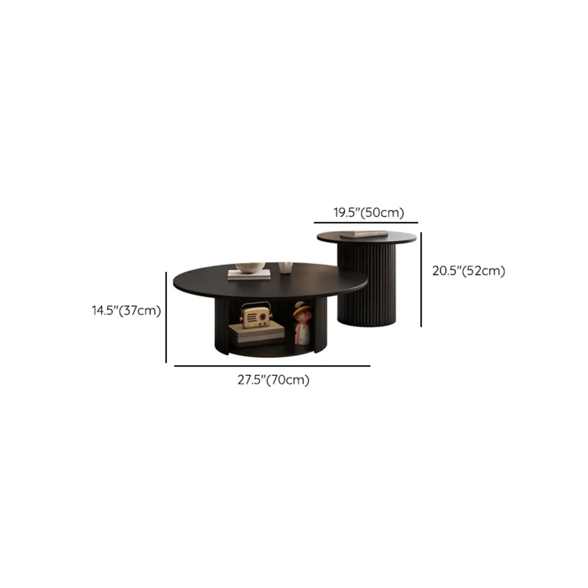 Modern Round Black Stone Storage Nesting Coffee Table Image - 12