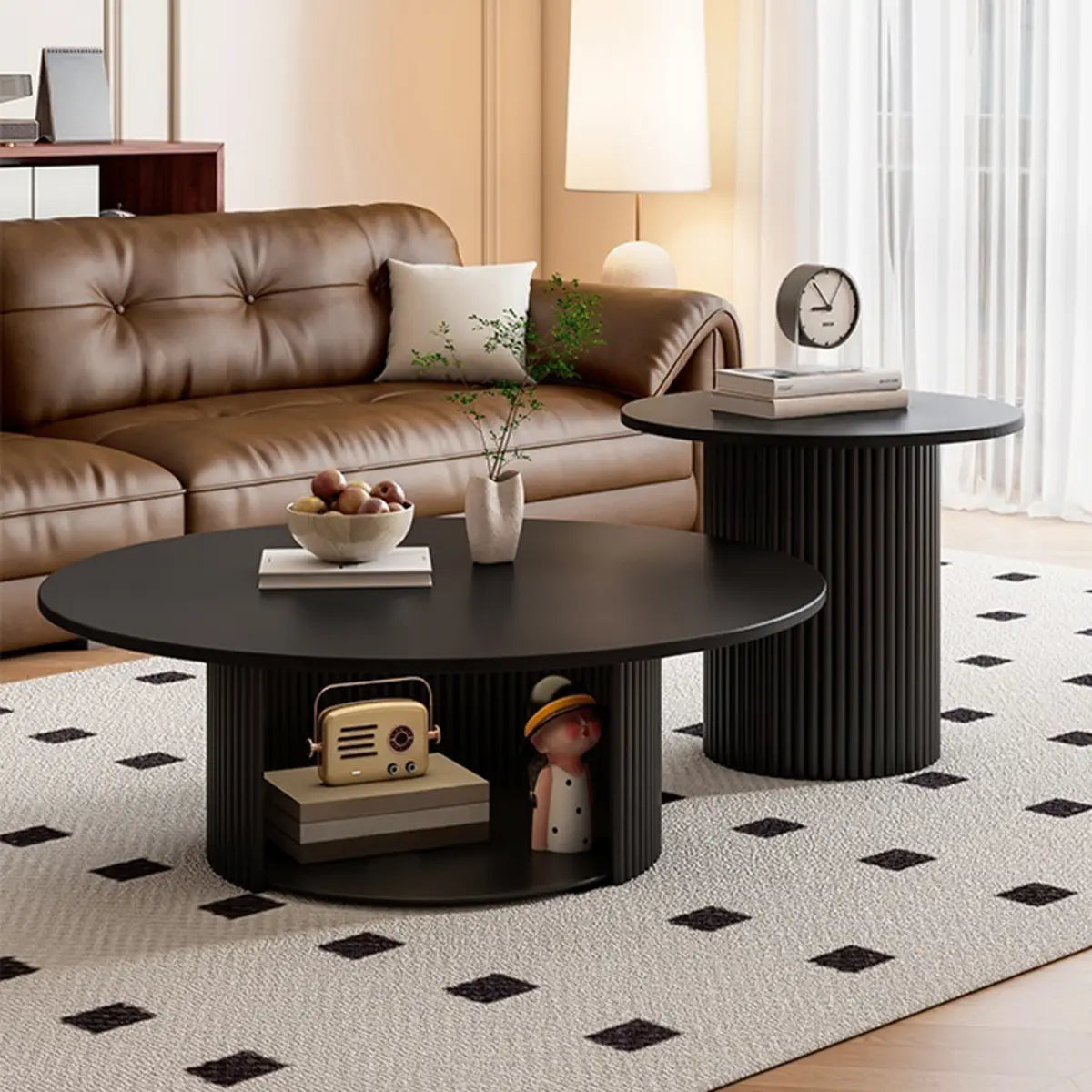 Modern Round Black Stone Storage Nesting Coffee Table Image - 4