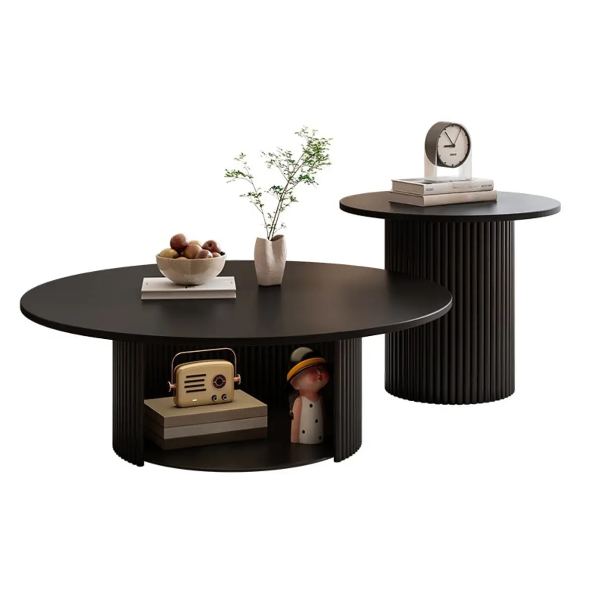 Modern Round Black Stone Storage Nesting Coffee Table Image - 5