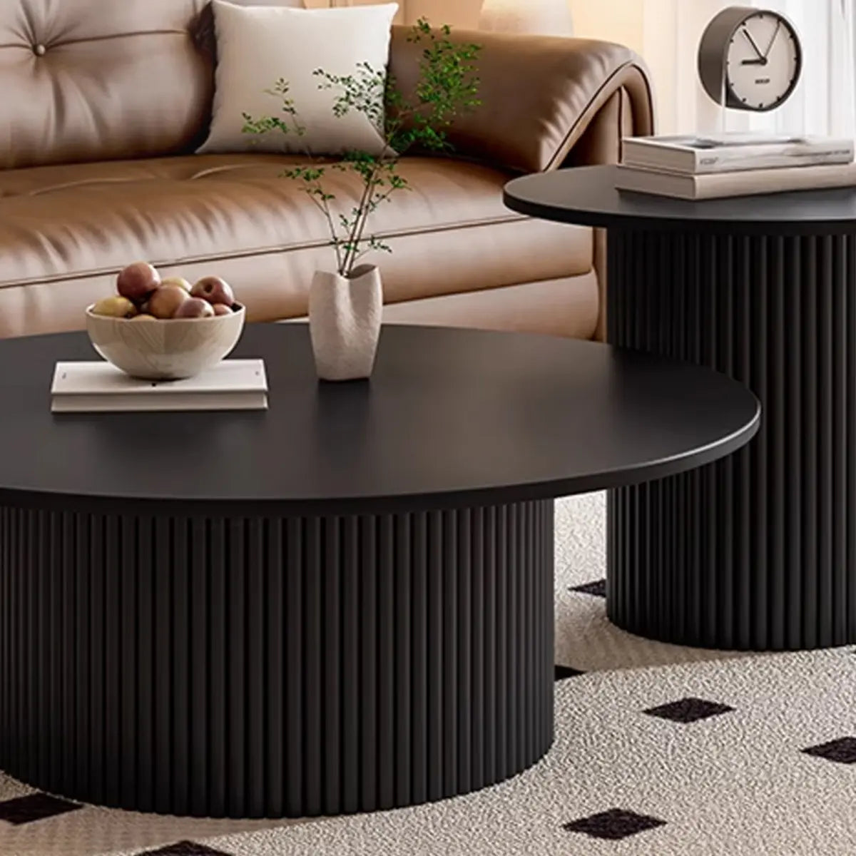 Modern Round Black Stone Storage Nesting Coffee Table Image - 8