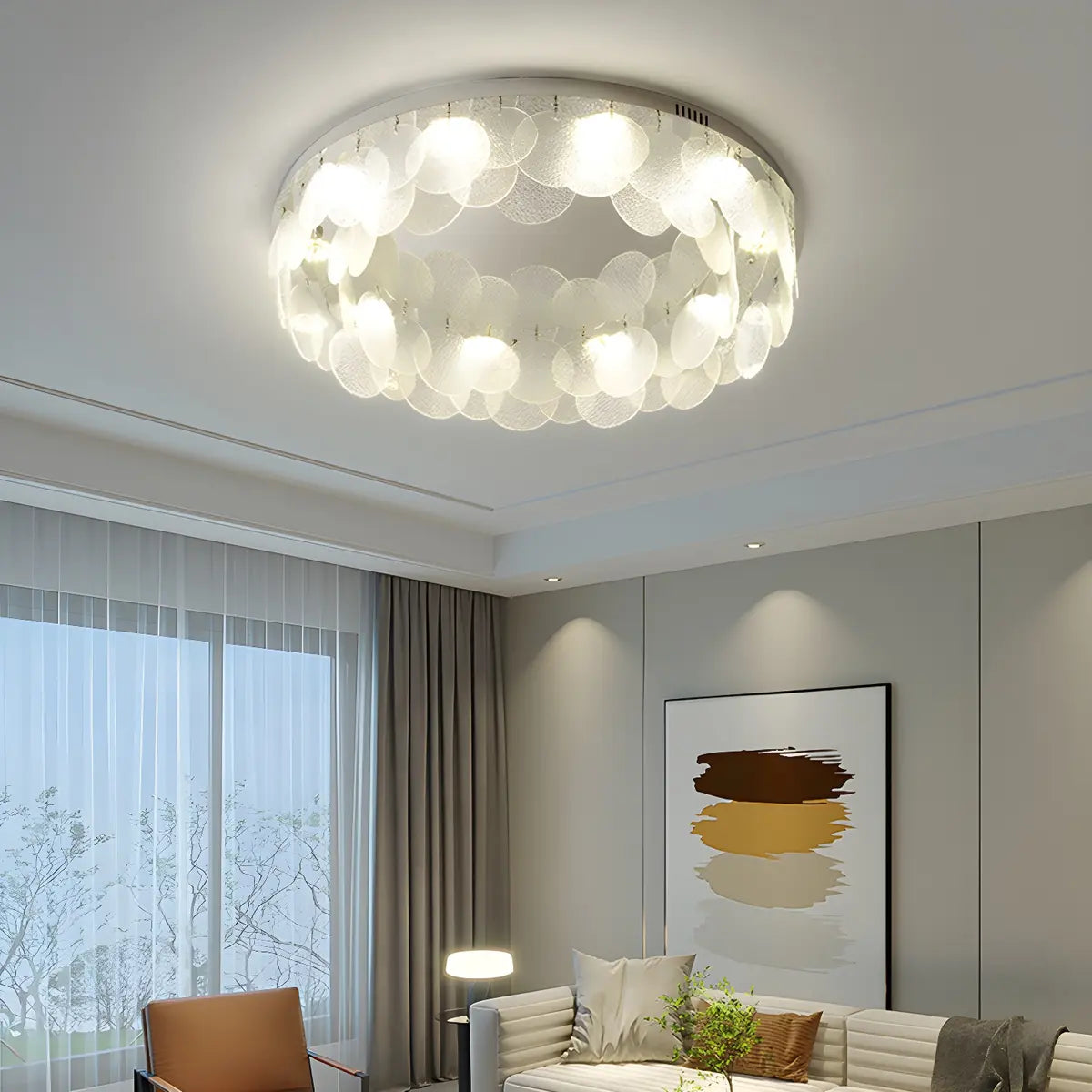 Modern Chrome Round Flakes Flush Mount Lamp Living Room Image - 1