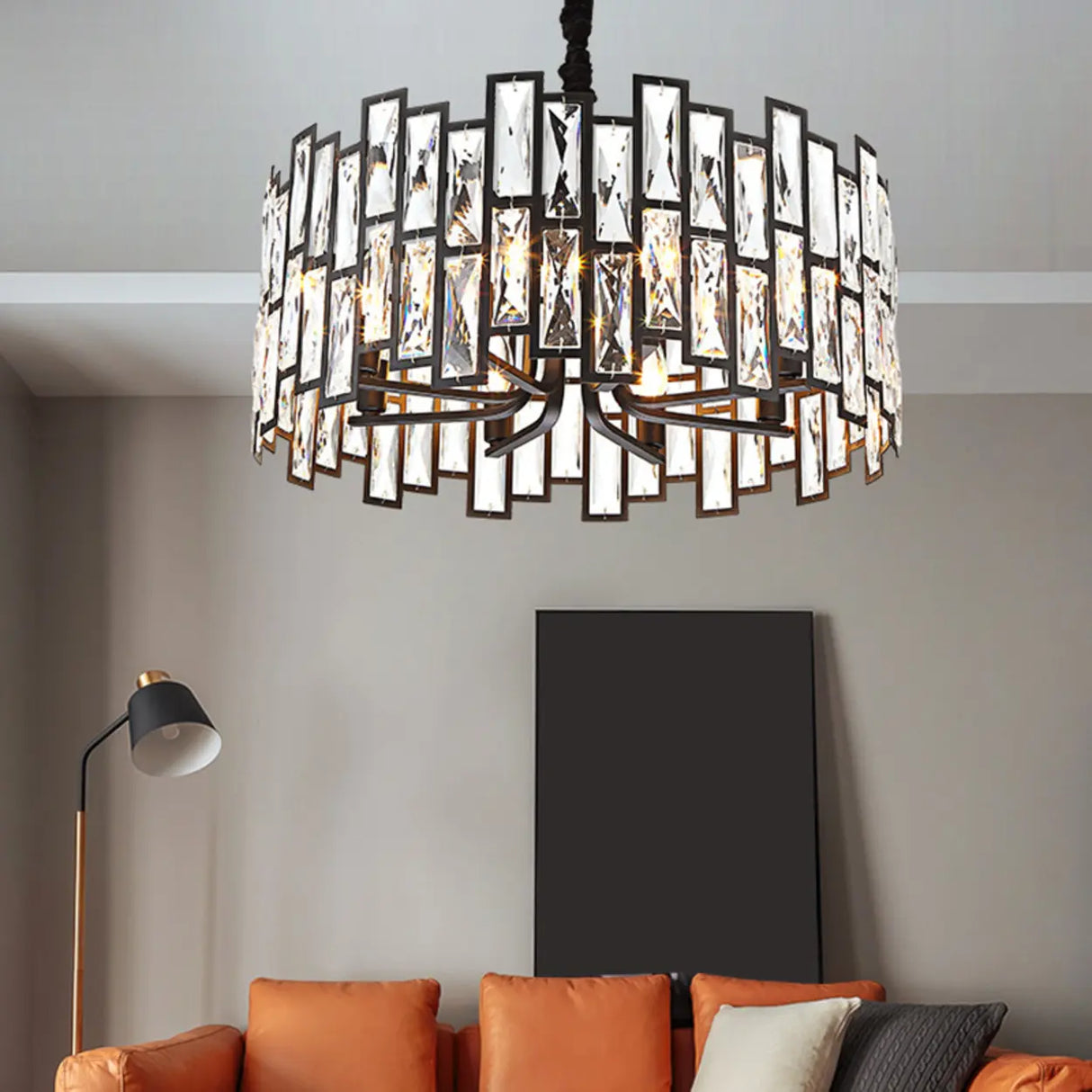 Modern Round Crystal Chandelier Living Room Black Image - 2