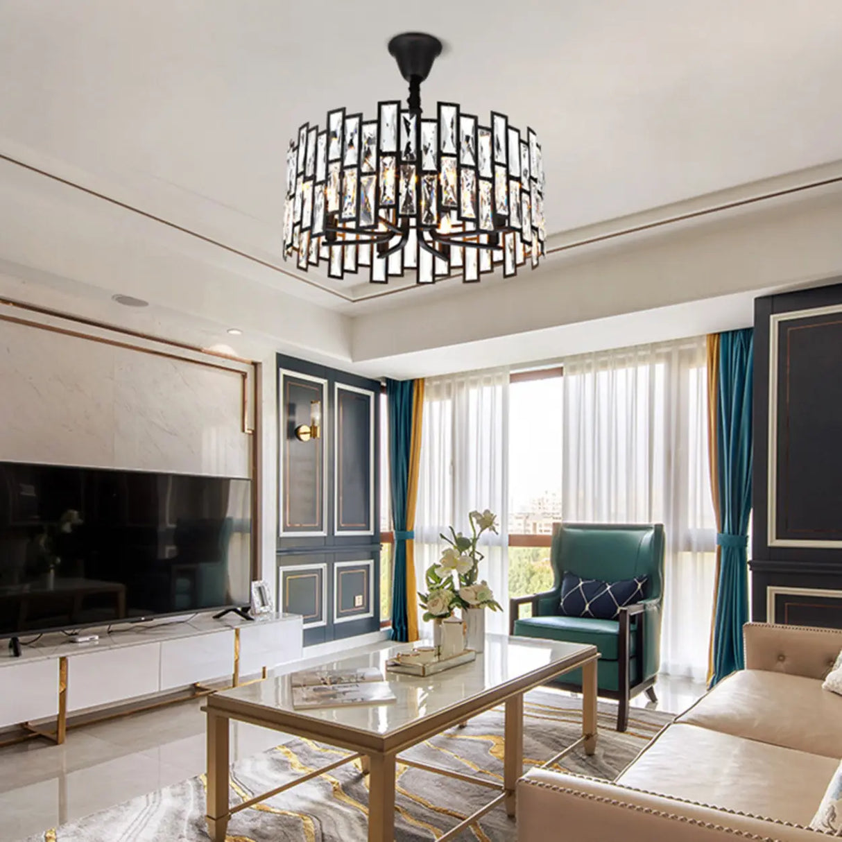 Modern Round Crystal Chandelier Living Room Black Image - 3