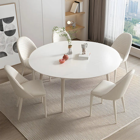 Modern Round Extendable Stone Dining Table White Drop Leaf Image - 1