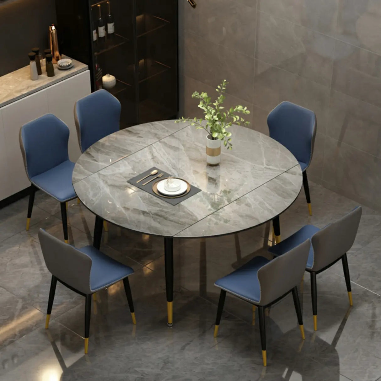 Modern Round Extendable Stone Marble Dining Table Image - 6