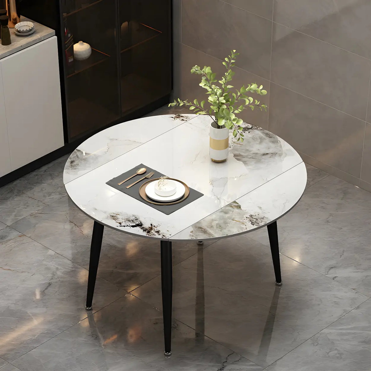 Modern Round Extendable Stone Marble Dining Table Image - 7