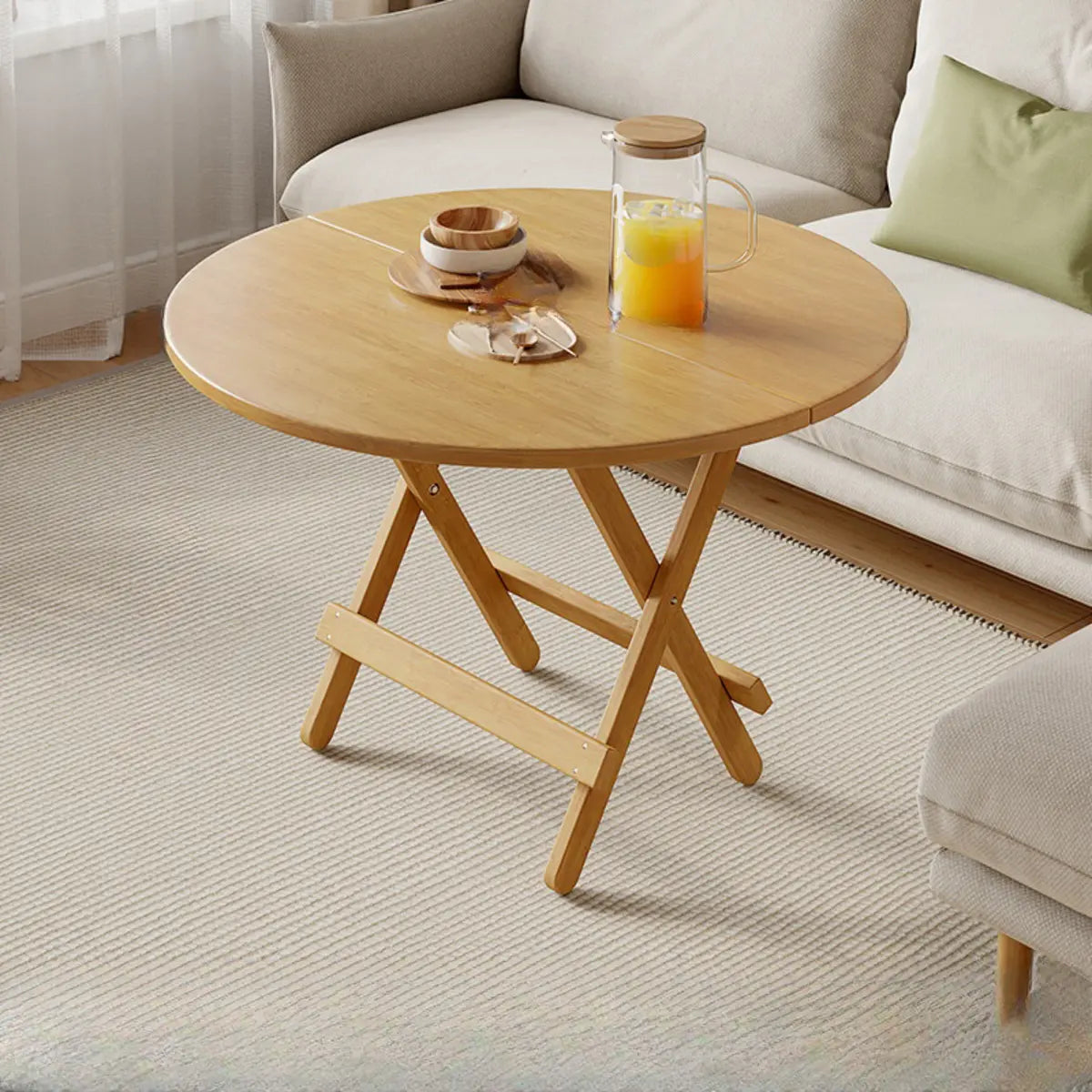 Modern Round Folding Wood Dining Table Natural Finish Image - 10