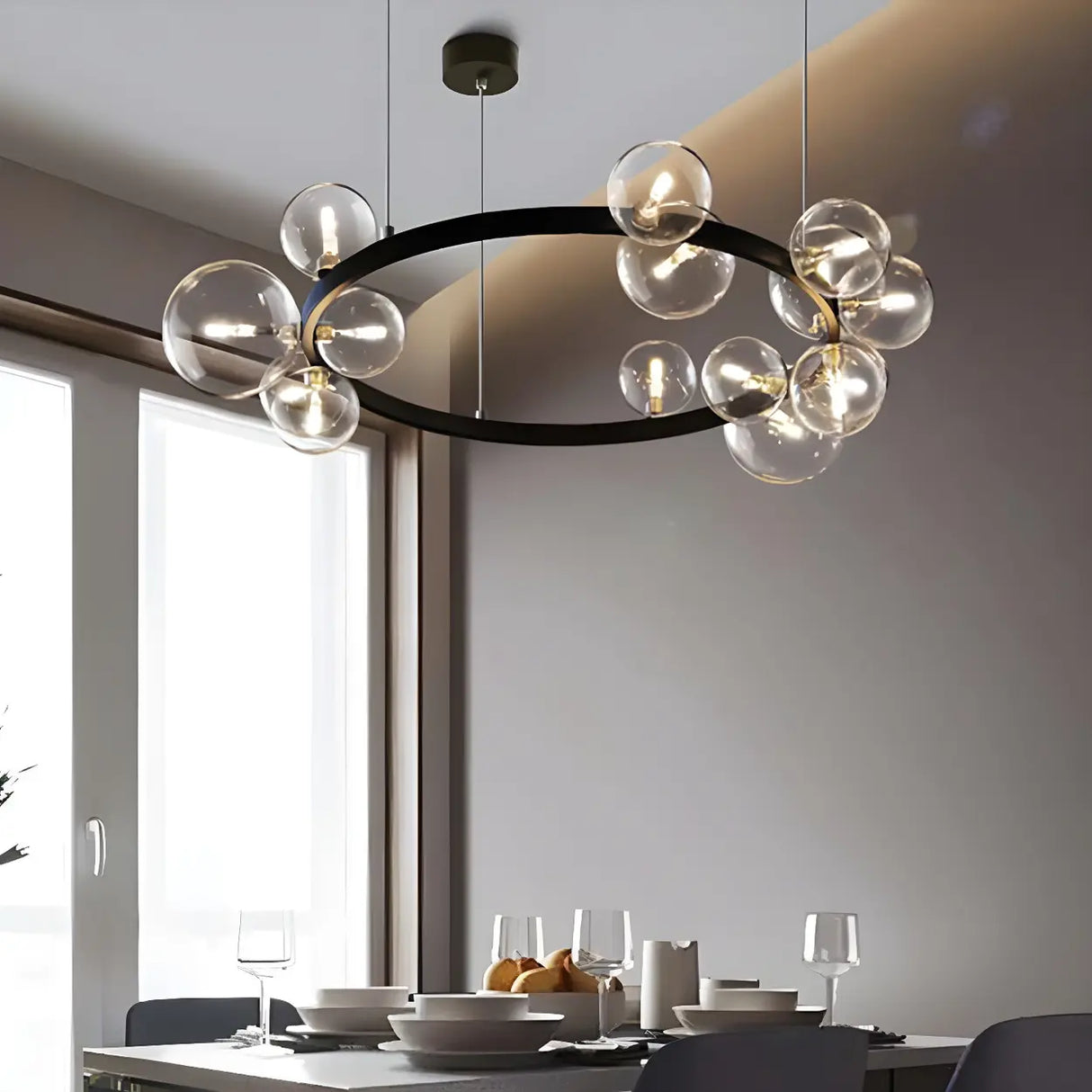 Modern Round Glass Ball Dining Room Black Chandelier Image - 1