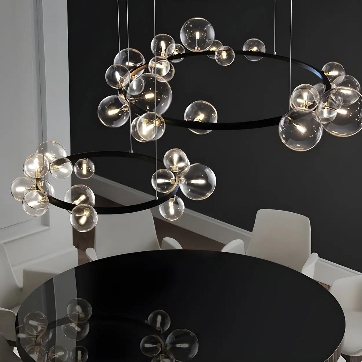 Modern Round Glass Ball Dining Room Black Chandelier Image - 3