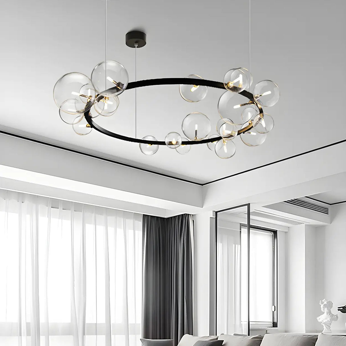 Modern Round Glass Ball Dining Room Black Chandelier Image - 6