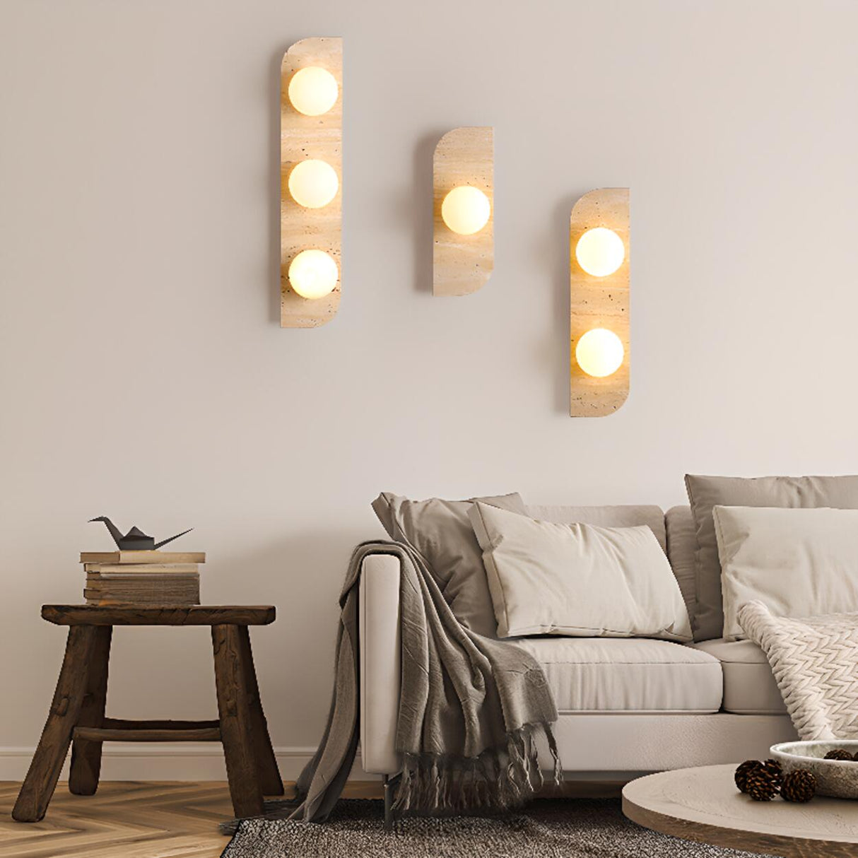 Modern Round Glass Beige Stone Fixture Wall Sconce Image - 1