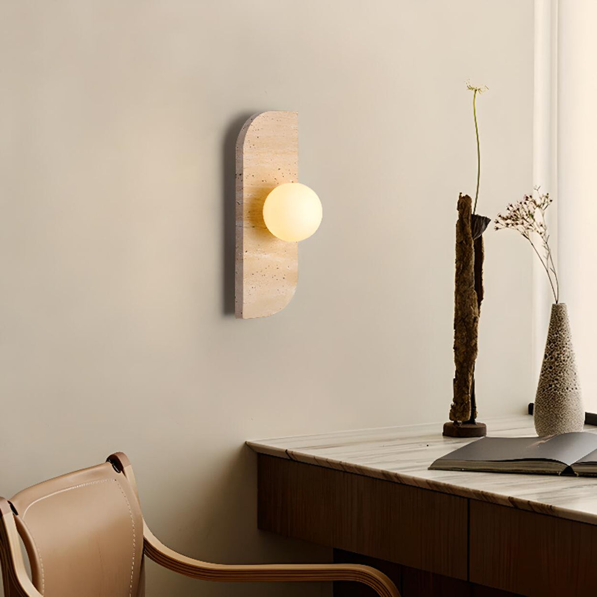 Modern Round Glass Beige Stone Fixture Wall Sconce Image - 6