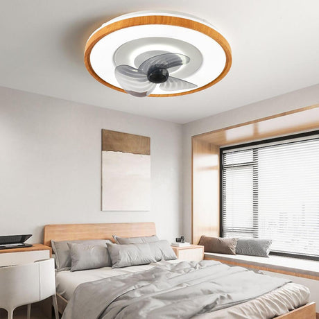 Modern Round Gray Blade Flush Ceiling Fan with Light Image - 1