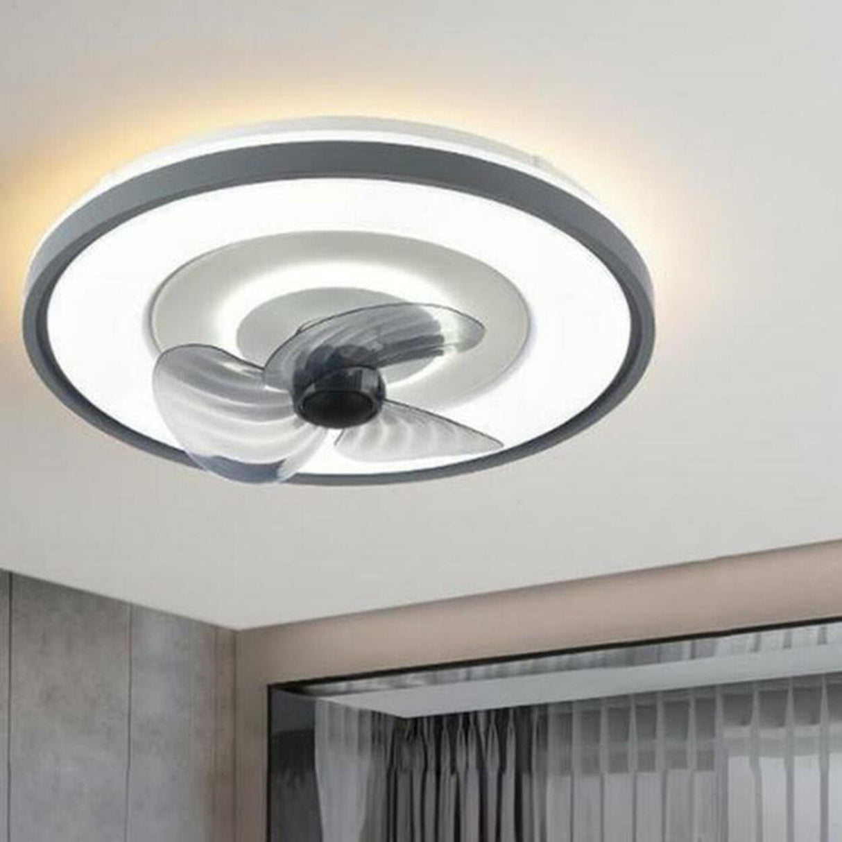 Modern Round Gray Blade Flush Ceiling Fan with Light Image - 20