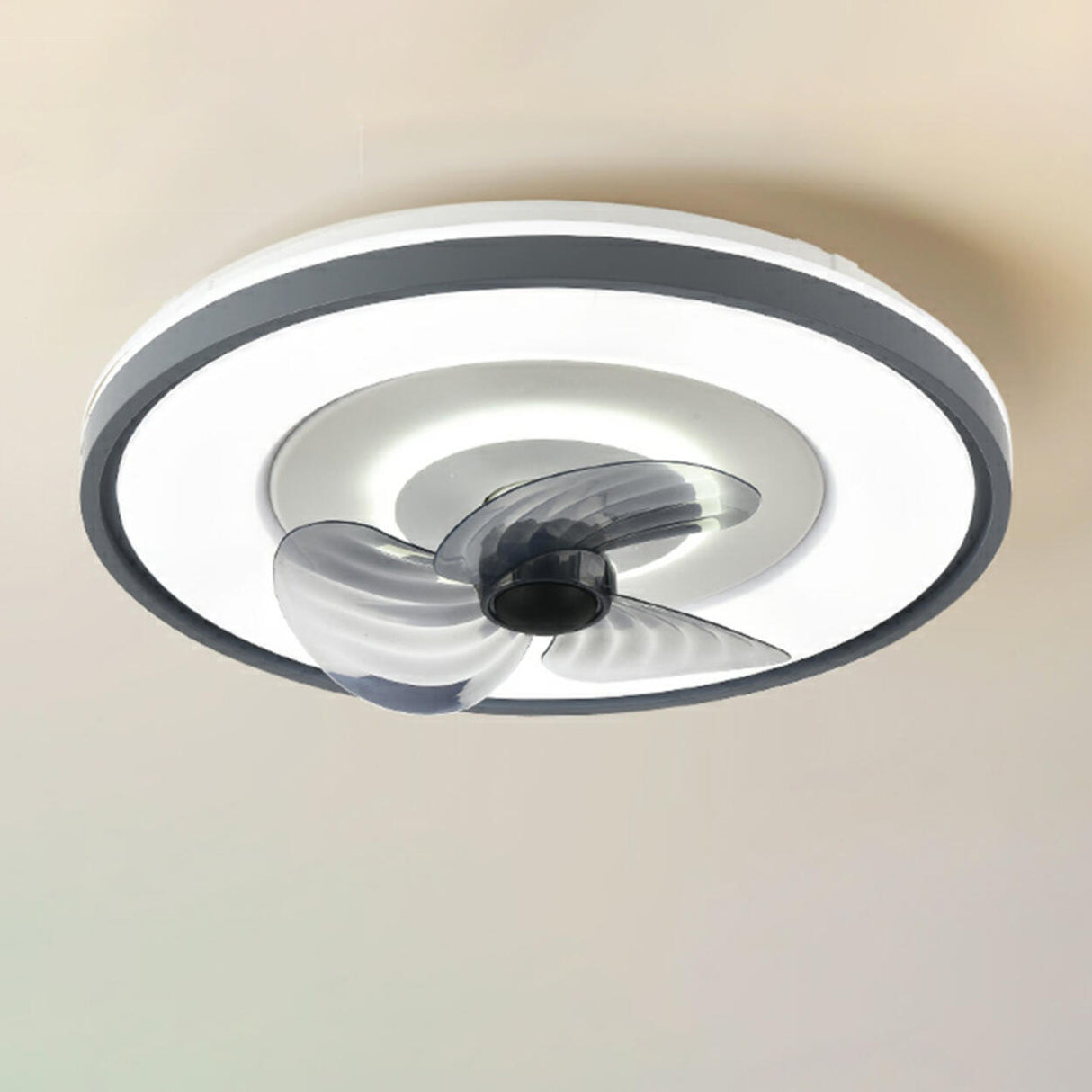 Modern Round Gray Blade Flush Ceiling Fan with Light Image - 5