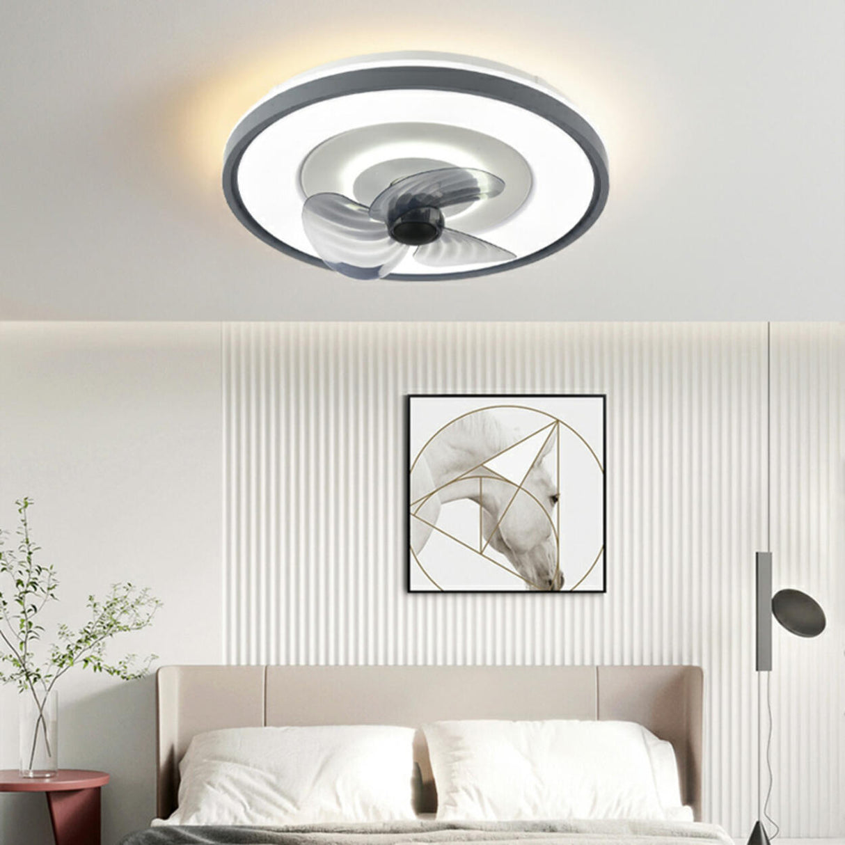 Modern Round Gray Blade Flush Ceiling Fan with Light Image - 6