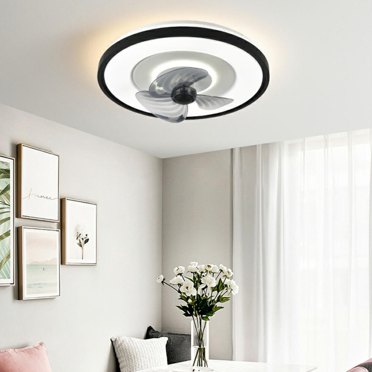 Modern Round Gray Blade Flush Ceiling Fan with Light Image - 8