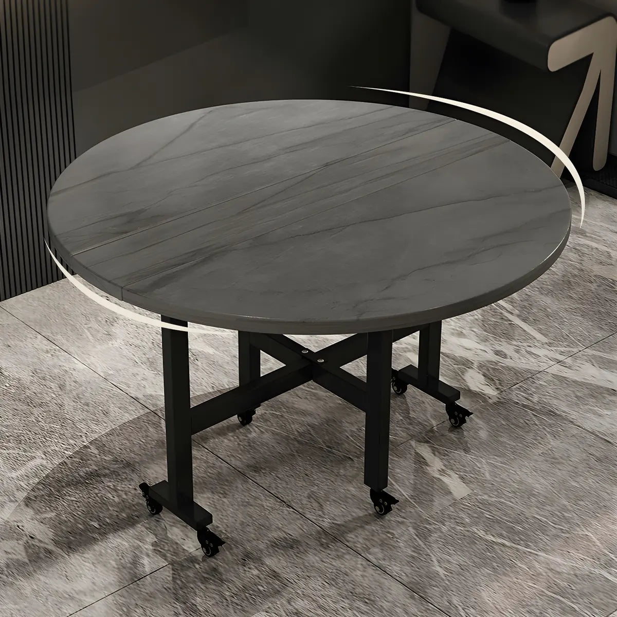 Modern Round Grey Drop Leaf Dining Table Steel Legs Image - 6