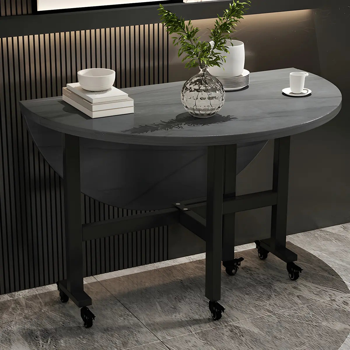 Modern Round Grey Drop Leaf Dining Table Steel Legs Image - 8