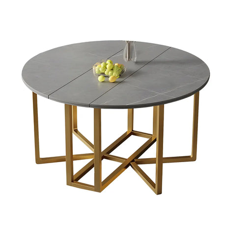 Modern Round Grey Stone Dining Table Extendable Drop Leaf Image - 2