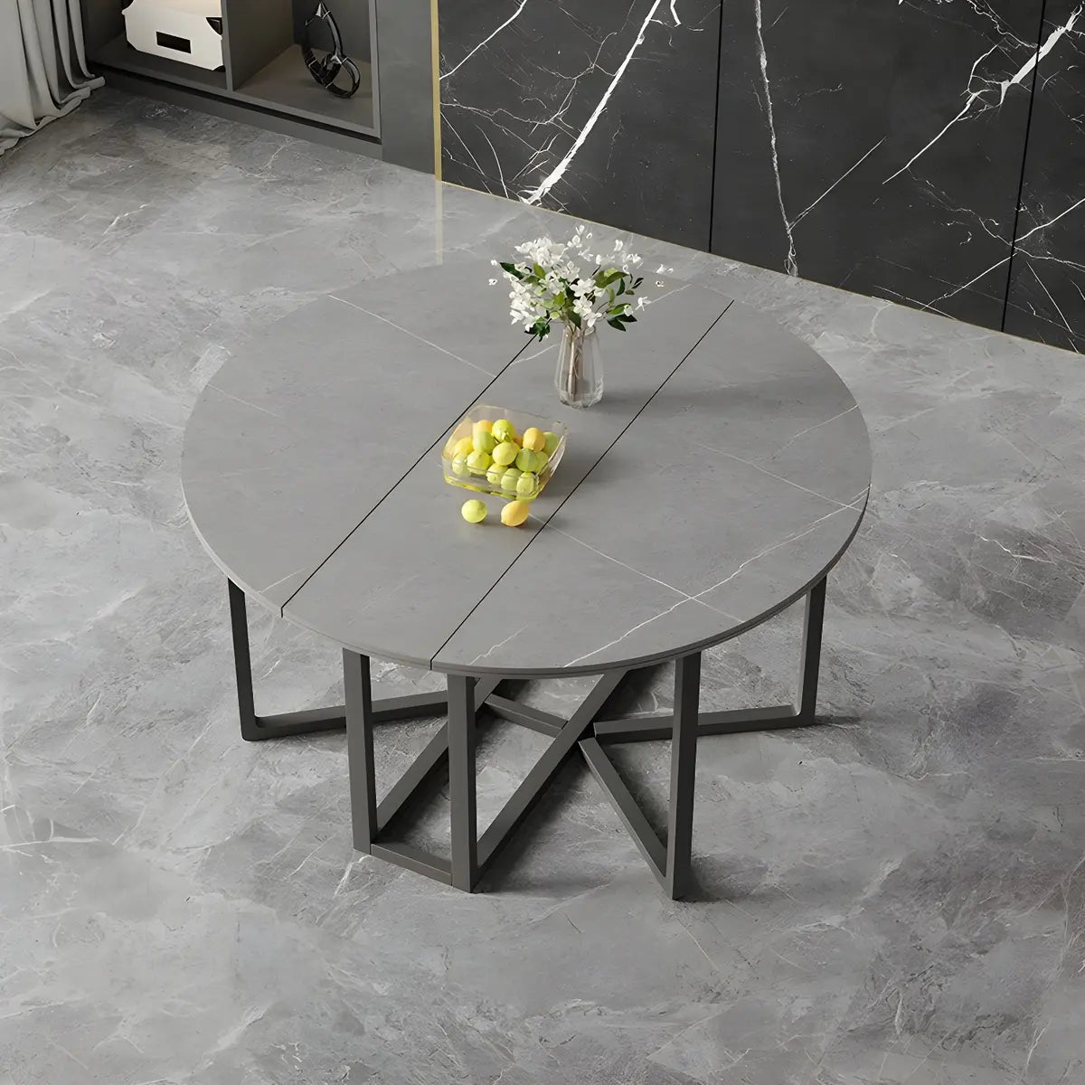 Modern Round Grey Stone Dining Table Extendable Drop Leaf Image - 3