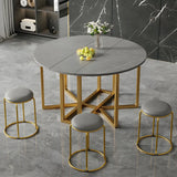 Modern Round Grey Stone Dining Table Extendable Drop Leaf Image - 6