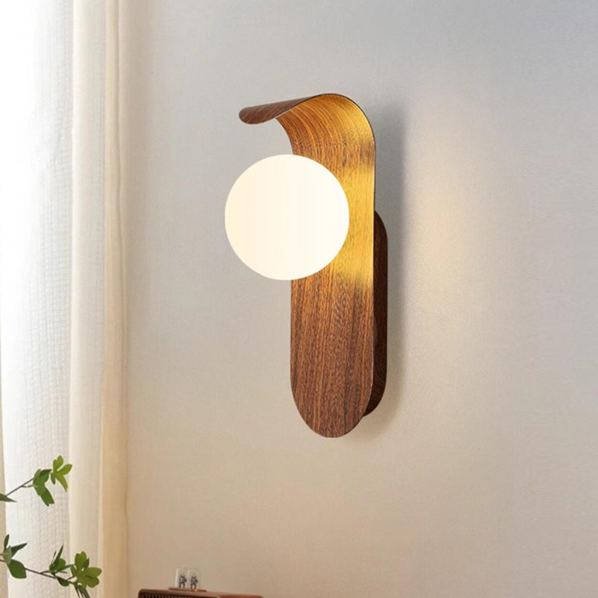 Modern Round LED Globe Wood Grain Metal Wall Sconce Image - 2