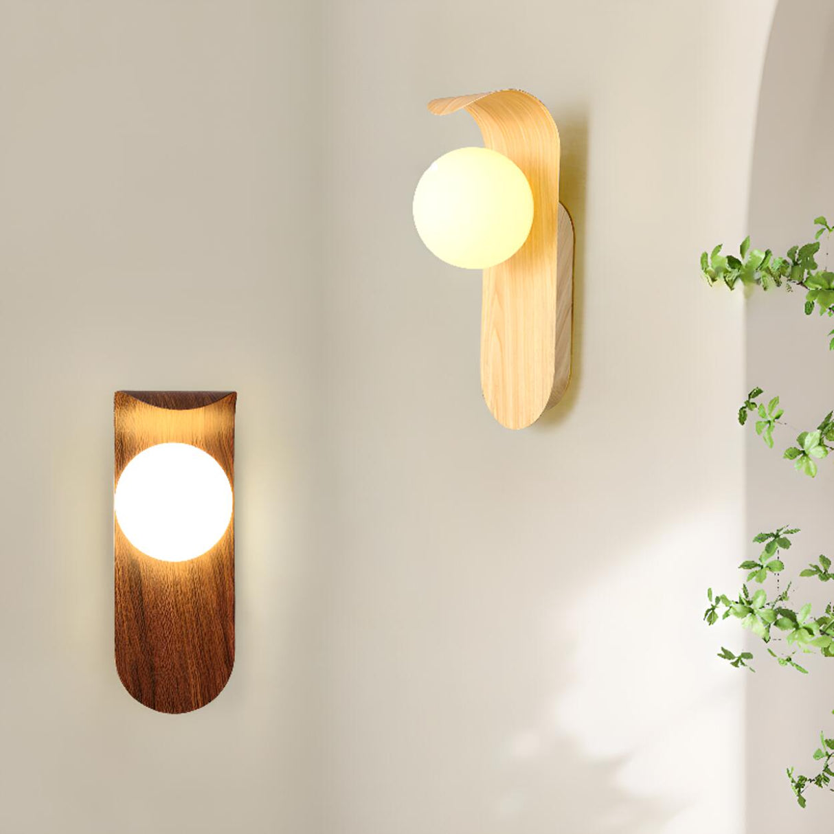 Modern Round LED Globe Wood Grain Metal Wall Sconce Image - 3