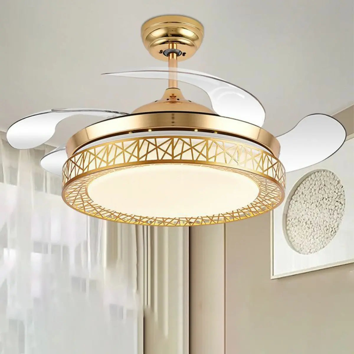 Modern Round 4 Clear Blade Drum Shape Ceiling Fan Light Image - 1