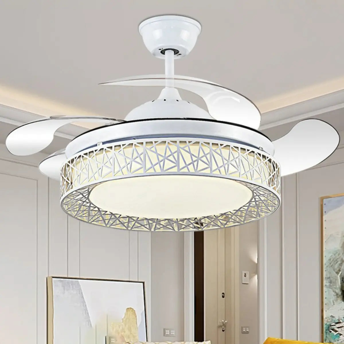 Modern Round 4 Clear Blade Drum Shape Ceiling Fan Light Image - 12