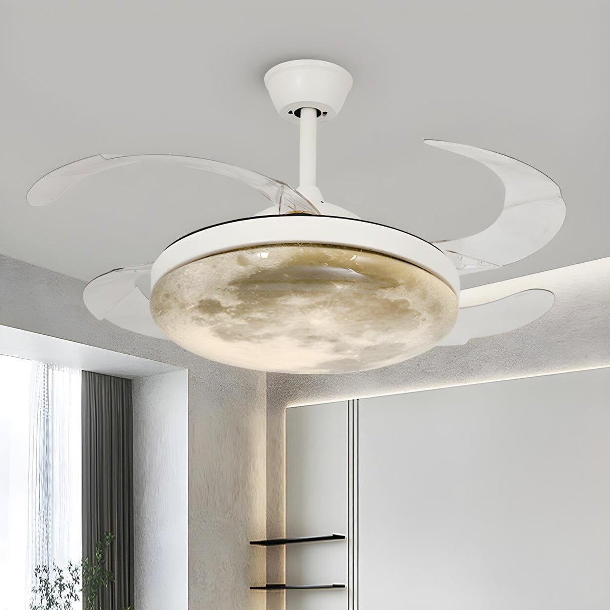 Modern Round Moon Shade Ceiling Fan with LED Light Image - 1