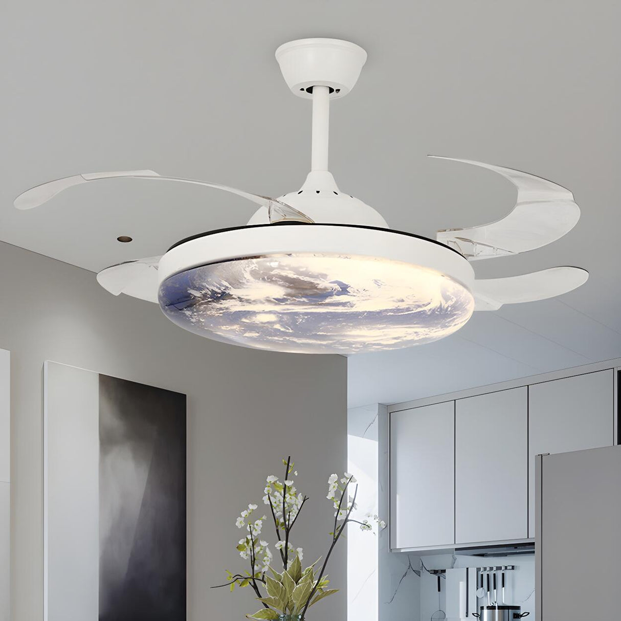 Modern Round Moon Shade Ceiling Fan with LED Light Image - 6