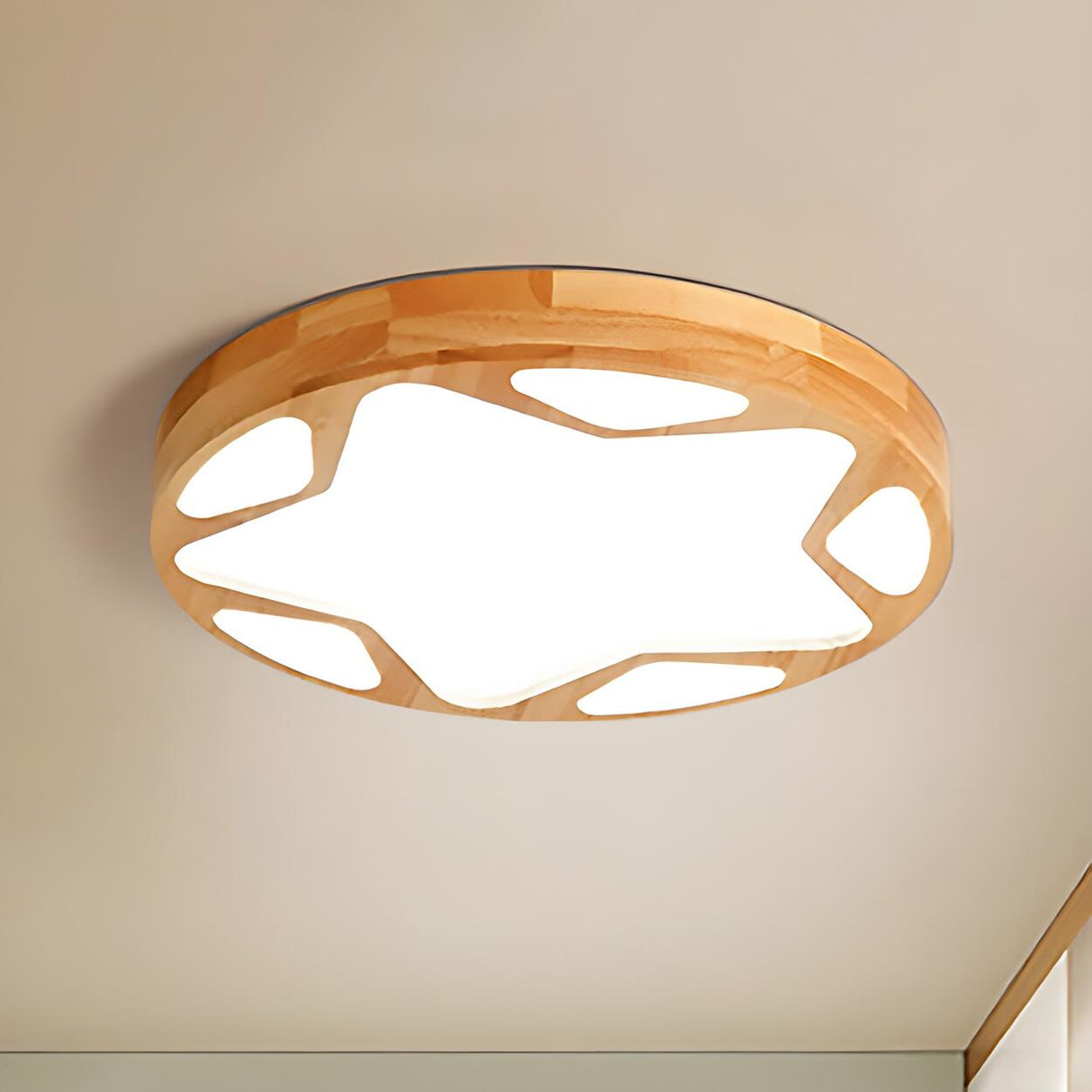 Modern Round Star-Shaped Wooden LED Flush Mount Light Image - 1