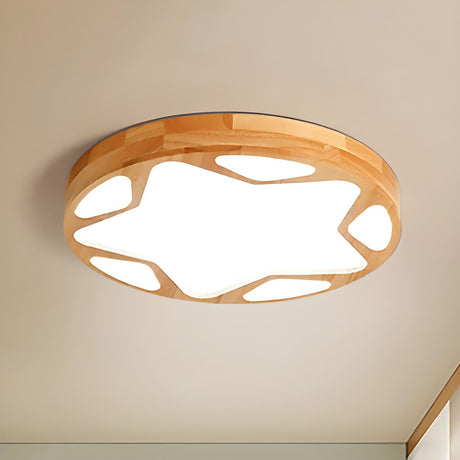 Modern Round Star-Shaped Wooden LED Flush Mount Light Image - 1