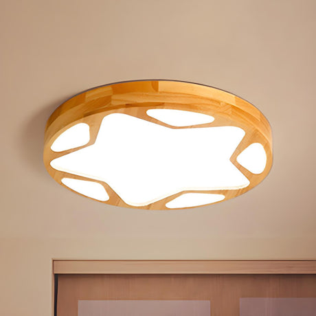 Modern Round Star-Shaped Wooden LED Flush Mount Light Image - 2