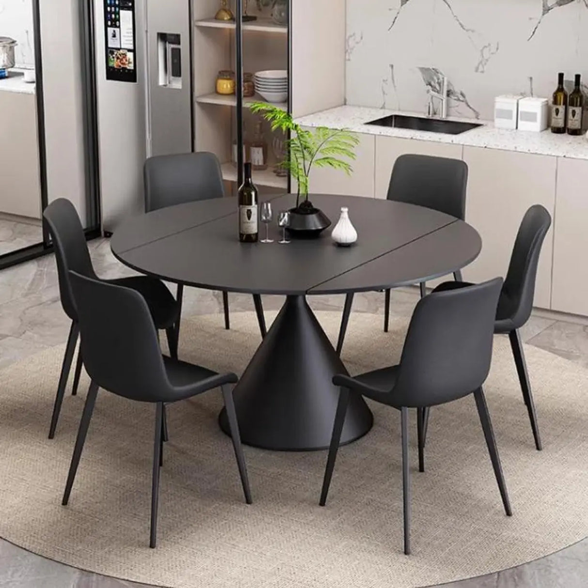 Modern Round Stone Dining Table Black Extendable Leaf Image - 1