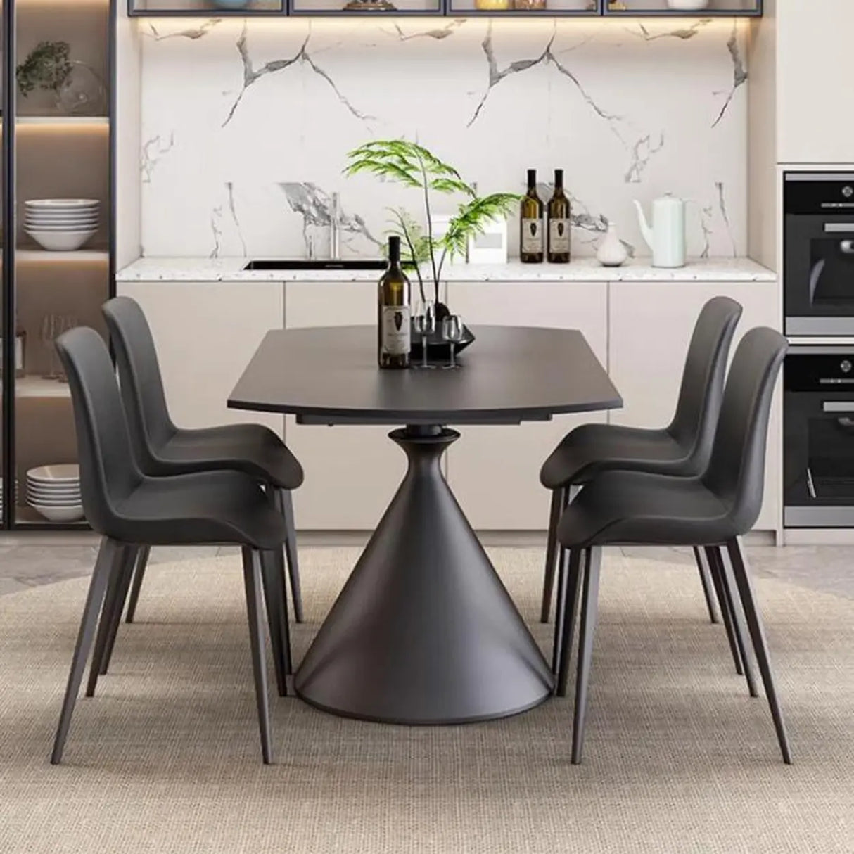 Modern Round Stone Dining Table Black Extendable Leaf Image - 4